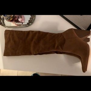 22 inch brown over the knee kitten heeled boots